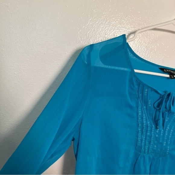 Express Sheer Blouse Peacock Blue Sequins - Picture 5 of 14